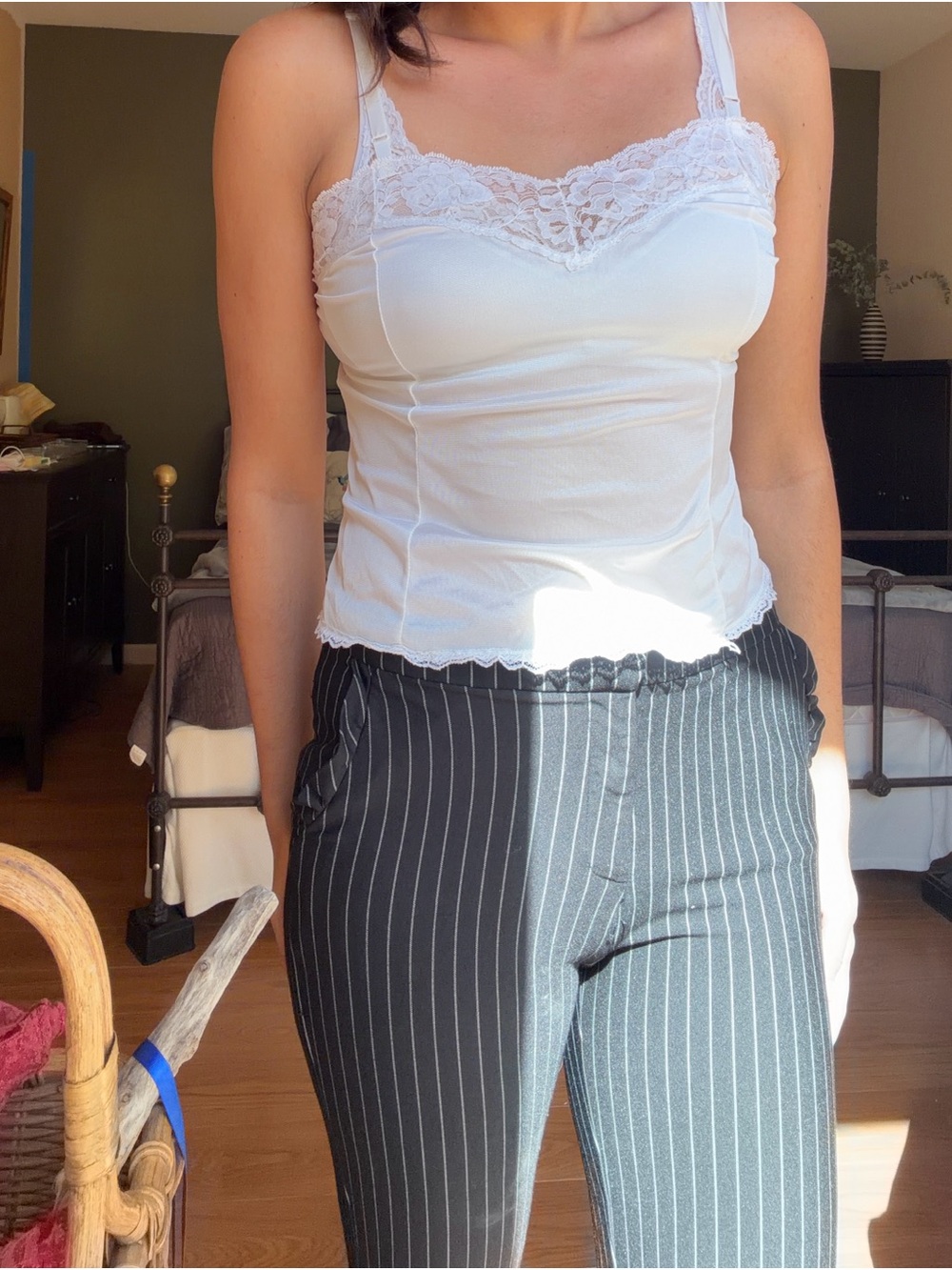 Pinstripe High-Rise Straight Leg Pants in Black